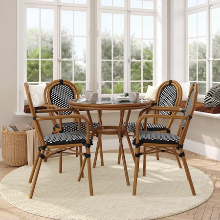 Flash Furniture Lourdes French Bistro 31.5in. Table, Black and White PE Rattan, Glass Top w/4 Stack Chairs SDA-AD641012-80-4002A-BKWH-NAT-GG